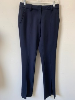 A.L.C., Navy Blue, Polyester, Viscose, Solid, Flat Front, Zip Front, 4 Pockets, Belt Loops, Back Yoke, Tapered with Front Slits Calf to Hem