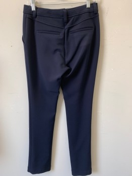 A.L.C., Navy Blue, Polyester, Viscose, Solid, Flat Front, Zip Front, 4 Pockets, Belt Loops, Back Yoke, Tapered with Front Slits Calf to Hem