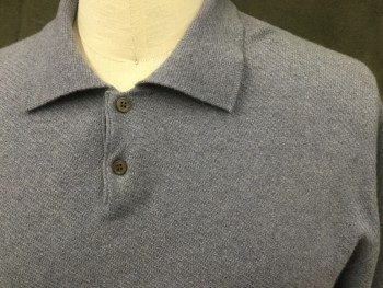 AUTUMN CASHMERE, Lt Blue, Cashmere, Heathered, Diagonal Knit, Polo Style, Long Sleeves, 2 Buttons,  Ribbed Knit Collar Attached, Ribbed Knit Cuff/Waistband
