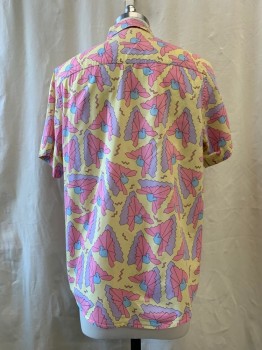 TOPMAN, Lt Yellow, Lt Pink, Lilac Purple, Black, Cotton, Geometric, Self Origami Crane Print, See Photo Attached, Short Sleeves, Collar Attached, 1 Pocket, Button Front,
