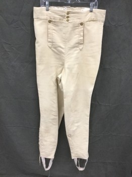 M.B.A. LTD., Cream, Cotton, Solid, Military Uniform, Brushed Cotton, Fall Front, Gold Buttons, Ankle Length, Lace Up Side Seam Calf, Open Vent with Lace Ties at Center Back Waist, 1 Pocket, 1 Watch Pocket, Suspender Buttons, Stirrups, Aged/Distressed,  Made To Order Reproduction Late 1700's Early 1800's