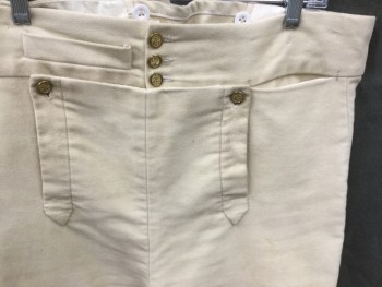 Mens, Historical Fiction Pants, M.B.A. LTD., Cream, Cotton, Solid, 38/40, Military Uniform, Brushed Cotton, Fall Front, Gold Buttons, Ankle Length, Lace Up Side Seam Calf, Open Vent with Lace Ties at Center Back Waist, 1 Pocket, 1 Watch Pocket, Suspender Buttons, Stirrups, Aged/Distressed,  Made To Order Reproduction Late 1700's Early 1800's