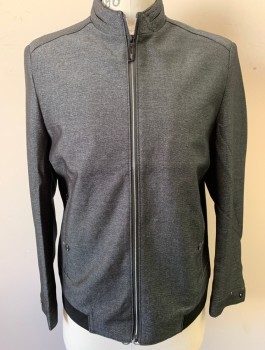 Mens, Casual Jacket, D DESIGNS , Charcoal Gray, Gray, Polyester, Heathered, M, Zip Front, Stand Collar, 2 Zip Pockets, Black Rib Knit Waistband