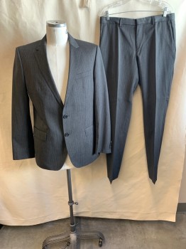 HUGO BOSS, Dk Gray, Black, White, Wool, Stripes - Vertical , Notched Lapel, Single Breasted, Button Front, 2 Buttons, 3 Pockets