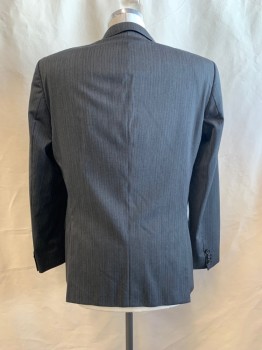 HUGO BOSS, Dk Gray, Black, White, Wool, Stripes - Vertical , Notched Lapel, Single Breasted, Button Front, 2 Buttons, 3 Pockets