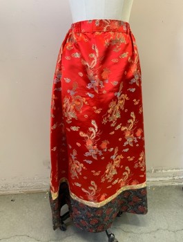 Womens, Skirt, Long, N/L , Red, Multi-color, Silk, Asian Inspired Theme, W25-26, Brocade with Dragons, Phoenix Birds, Flowers, Etc, 1.5" Wide Self Waistband with Elastic at Sides, Panels of Gray Brocade and Yellow Brocade at Hem, A-Line, Ankle Length, Made To Order