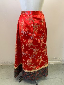 Womens, Skirt, Long, N/L , Red, Multi-color, Silk, Asian Inspired Theme, W25-26, Brocade with Dragons, Phoenix Birds, Flowers, Etc, 1.5" Wide Self Waistband with Elastic at Sides, Panels of Gray Brocade and Yellow Brocade at Hem, A-Line, Ankle Length, Made To Order
