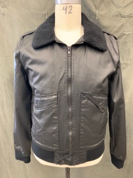 Mens, Jean Jacket, DIVIDED, Black, Cotton, Solid, XL, Coated Cotton, Zip Front, Fleece Collar Attached, Epaulets, Ribbed Knit Waistband/Cuff, 2 Flap Large Pockets