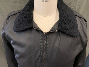 Mens, Jean Jacket, DIVIDED, Black, Cotton, Solid, XL, Coated Cotton, Zip Front, Fleece Collar Attached, Epaulets, Ribbed Knit Waistband/Cuff, 2 Flap Large Pockets