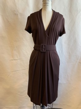 BCBG, Chocolate Brown, Acetate, Nylon, Solid, Crossover V Front, Vertical Pleats From Shoulders, Short Sleeves, Band Cuff, Pleated Skirt at Waist Seam, 2 Pockets, Self Belt with Buckle
