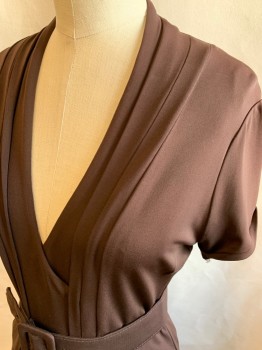 BCBG, Chocolate Brown, Acetate, Nylon, Solid, Crossover V Front, Vertical Pleats From Shoulders, Short Sleeves, Band Cuff, Pleated Skirt at Waist Seam, 2 Pockets, Self Belt with Buckle