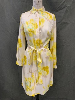 Womens, Dress, Long & 3/4 Sleeve, LIZ CLAIBORNE, Yellow, White, Aqua Blue, Silk, Floral, 6, Button Front, Collar Attached, Long Sleeves, Button Cuff, Knee Length, with Self Belt, Multiple *1 Cracked Button, 1 Missing Button*