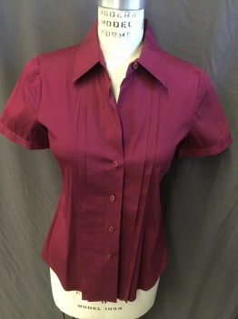 THEORY, Maroon Red, Cotton, Nylon, Solid, Collar Attached, 4 Pleat Front, Button Front, Short Sleeves with 1" Cuff, Curved Hem