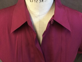THEORY, Maroon Red, Cotton, Nylon, Solid, Collar Attached, 4 Pleat Front, Button Front, Short Sleeves with 1" Cuff, Curved Hem