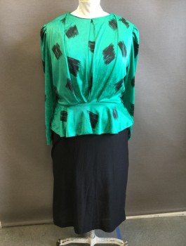 SALLY LOU, Emerald Green, Black, Polyester, Abstract , Solid, Top Half is Emerald with Black Pattern, Long Puffy Sleeves, Round Neck, Peplum Waist, Bottom is Solid Black, Knee Length,