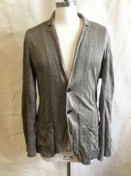 Mens, Cardigan Sweater, JOHN VARVATOS, Lt Brown, Linen, Cotton, Heathered, L, Cardigan Jacket, Collar Attached, Notched Lapel, Long Sleeves, 2 Buttons,  2 Pockets