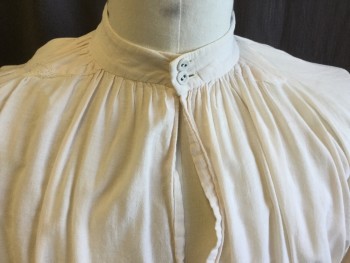 Mens, Historical Fiction Shirt, ANGEL, Lt Beige, Cotton, Solid, L, Gathered Mandarin/Nehru Collar, Key Hole Front with 2 Buttons, Gathered Upper Long Sleeves and at Thin Cuffs,.9.5" Side Split Hem, (bleeding Pink in the Back & Repair Ripped at Right Shoulder and  Near Left Cuff)