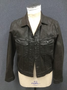 Mens, Jean Jacket, RALPH LAUREN, Dk Brown, Cotton, Solid, L, Leather Infused Cotton, Button Front, Collar Attached, 2 Flap Pockets, Long Sleeves, Button Tabs Back Waist