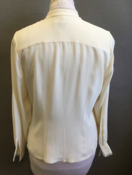 TALBOTS, Cream, Silk, Solid, Crepe, Long Sleeve Button Front, Band Collar, White Scallopped Lace at Collar and Cuffs, Vertical Pin Tucks at Front