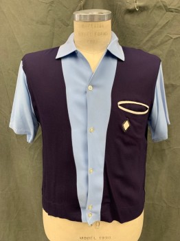 BUD BURMA, Navy Blue, Baby Blue, Cotton, Color Blocking, Button Front, Collar Attached, Short Sleeves, 1 White Trim Pocket with White Diamond Patch, *Shoulder Burn*