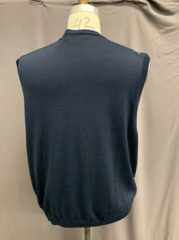 Mens, Sweater Vest, BROOKS BROTHERS, Midnight Blue, Baby Blue, White, Silk, Cotton, Argyle, XXL, V-neck, Ribbed Knit Neck/Armhole/Waistband, Solid Midnight Back