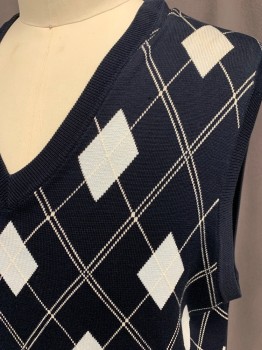 BROOKS BROTHERS, Midnight Blue, Baby Blue, White, Silk, Cotton, Argyle, V-neck, Ribbed Knit Neck/Armhole/Waistband, Solid Midnight Back