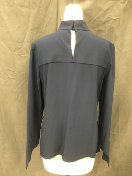 DION LEE, Navy Blue, Silk, Solid, Stand Collar, Keyhole Center Front, Button Loop Back Neck with Keyhole, V Shape Satin Front Flap, Long Sleeves, Curved Half Extended Cuff, Hem Lower in Back, Side Seam Slits **Safety Pin Holes in Back and Shoulders**
