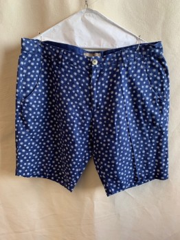 Mens, Shorts, ZARA MAN, Blue, White, Cotton, Polyester, Floral, 36, Flat Front, 4 Pockets, Zip Fly, Button Closure, Belt Loops