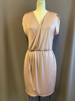 Womens, Dress, BISOU BISOU, Taupe, Silver, Polyester, Spandex, Solid, 4, Taupe with Silver Sheen, Surplice Draped Top, Gathered at Shoulder Seams, Elastic Waistband, Faux Wrap Skirt