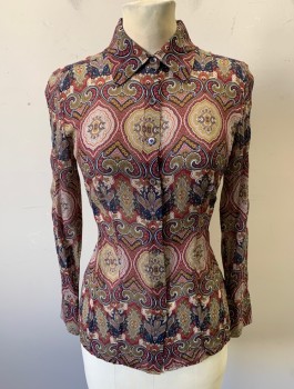 Womens, Blouse, BROOKS BROTHERS, Red Burgundy, Black, Beige, White, Silk, Paisley/Swirls, Sz.0, Chiffon, Long Sleeves, Button Front, Collar Attached