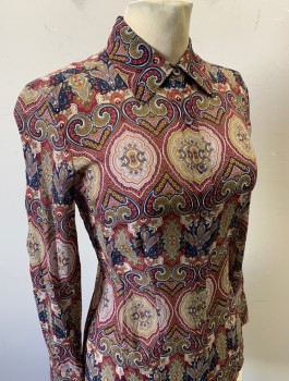 Womens, Blouse, BROOKS BROTHERS, Red Burgundy, Black, Beige, White, Silk, Paisley/Swirls, Sz.0, Chiffon, Long Sleeves, Button Front, Collar Attached