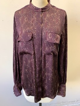 Womens, Blouse, EQUIPMENT, Dk Purple, Beige, Black, Polyester, Dots, Abstract , XS, Long Sleeves, Button Front, Band Collar, 2 Patch Pockets with Flaps, Blousy Sleeves with 5 Button Cuffs
