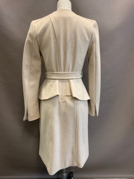 H&M, Beige, Wool, Polyamide, with Matching Belt, High Structured Shoulders, Zip Front, Peplum, 2 Pockets