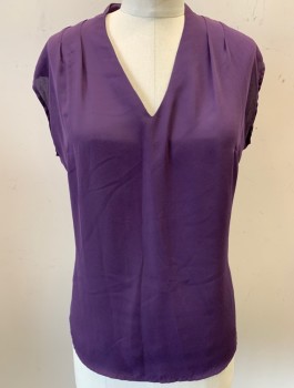 Womens, Blouse, INC, Aubergine Purple, Polyester, Rayon, Solid, S, Cap Sleeve, Front is Chiffon, Back is Jersey, V-Neck, Pleats at Shoulder Seam, Pullover