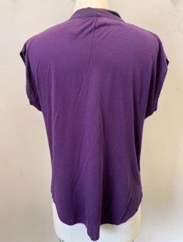 Womens, Blouse, INC, Aubergine Purple, Polyester, Rayon, Solid, S, Cap Sleeve, Front is Chiffon, Back is Jersey, V-Neck, Pleats at Shoulder Seam, Pullover