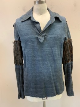 NL, Blue-Gray, Cotton, Pullover, Collar Attached, V-neck, Long Sleeves, Brown Pleated Leather From Underarm to Elbow, Silver Stud Buttons on Lower Arm *Aged/Distressed