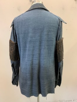 Mens, Historical Fiction Shirt, NL, Blue-Gray, Cotton, C: 40, Pullover, Collar Attached, V-neck, Long Sleeves, Brown Pleated Leather From Underarm to Elbow, Silver Stud Buttons on Lower Arm *Aged/Distressed