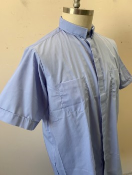 Unisex, Shirt, SUMMER COMFORT, French Blue, Poly/Cotton, Solid, N:17.5, Priest/Clergical, Short Sleeves, Button Front, Priest Collar with Room for Removable Band, 2 Patch Pockets