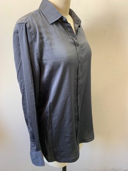 Womens, Blouse, BANANA REPUBLIC, Dk Gray, Polyester, Solid, XS, Long Sleeves, Button Front, Collar Attached,