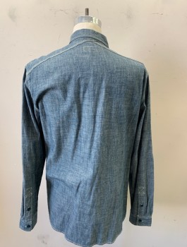 WALLACE & BARNES, Denim Blue, Cotton, Solid, Long Sleeves, Button Front, Collar Attached, 2 Pockets,