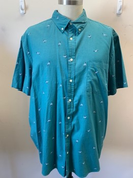 Mens, Casual Shirt, FOUNDRY, Turquoise Blue, Lt Gray, Black, Yellow, Cotton, Animal Print, 3XL, Pelican Birds Flying, Short Sleeves, Button Front, Button Down Collar Attached, 1 Pocket,