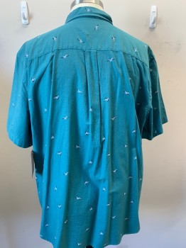 Mens, Casual Shirt, FOUNDRY, Turquoise Blue, Lt Gray, Black, Yellow, Cotton, Animal Print, 3XL, Pelican Birds Flying, Short Sleeves, Button Front, Button Down Collar Attached, 1 Pocket,