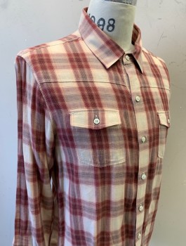 Mens, Casual Shirt, PAIGE, Red Burgundy, Beige, Dusty Rose Pink, Cotton, Plaid, M, Flannel, L/S, Button Front, Collar Attached, Horizontal Yoke Across Upper Chest, 2 Pockets with Flaps