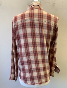 Mens, Casual Shirt, PAIGE, Red Burgundy, Beige, Dusty Rose Pink, Cotton, Plaid, M, Flannel, L/S, Button Front, Collar Attached, Horizontal Yoke Across Upper Chest, 2 Pockets with Flaps