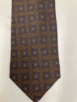 Mens, Tie, GIORGIO ARMANI, Brown with Burgundy/Navy/White Clovers In Squares