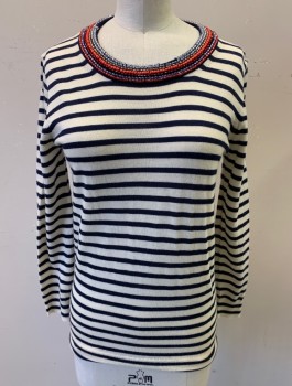 Womens, Pullover, J CREW, Cream, Navy Blue, Wool, Stripes - Horizontal , XS, Knit, Red and Purple Beaded Edge at Round Neck, Long Sleeves, 1 Button Closure at Back of Neck