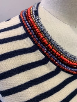 Womens, Pullover, J CREW, Cream, Navy Blue, Wool, Stripes - Horizontal , XS, Knit, Red and Purple Beaded Edge at Round Neck, Long Sleeves, 1 Button Closure at Back of Neck
