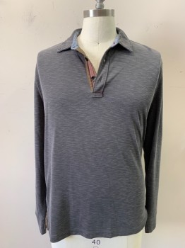 TRUE GRIT, Gray, Modal, Polyester, Solid, 3 Buttons,  Long Sleeves, Contrasting Trim at Collar