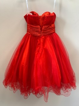Womens, Cocktail Dress, STAR BOX, Cherry Red, Polyester, Nylon, Solid, B:28, XS, W:22, Strapless, Sweetheart Neckline, Tulle Top Layer, Satin Waist Band With Multi Color Gems, With Matching Shawl