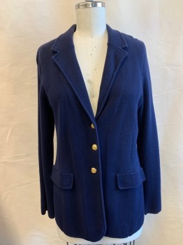 Womens, Blazer, LAUREN, Navy Blue, Cotton, Solid, W32, B40, H40, Single Breasted, Notched Lapel, 3 Gold Buttons, 2 Flap Pocket, Knit, Unlined